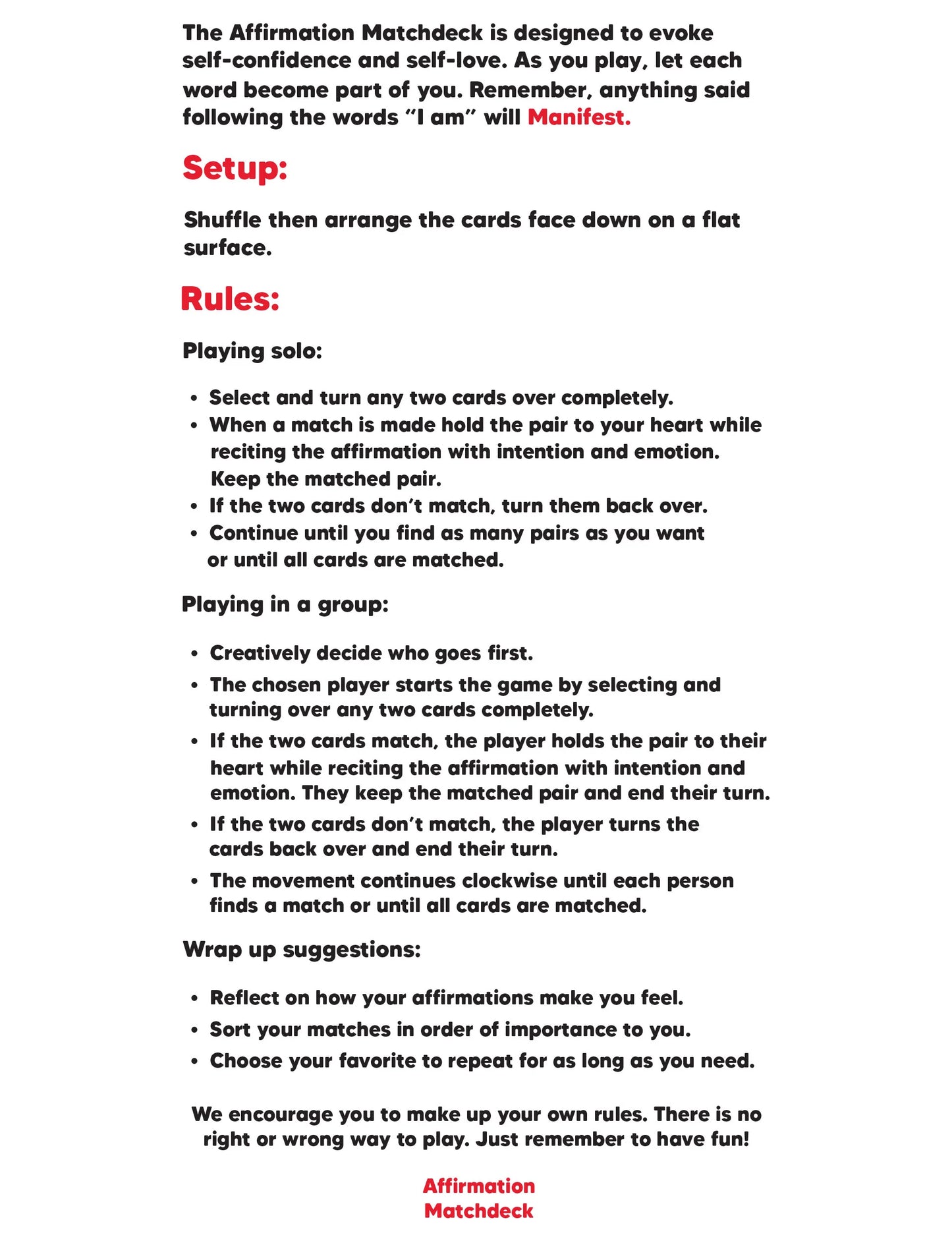 Affirmation Matchdeck rule page with game guidelines